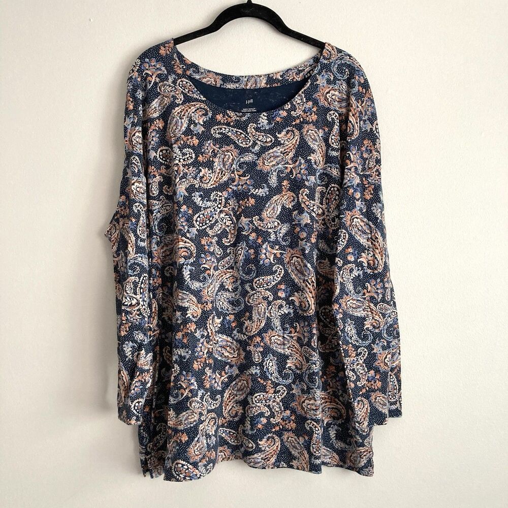 J Jill Simply Supima Scoop Neck Tunic XL Paisley Colorful Pullover Long Sleeve